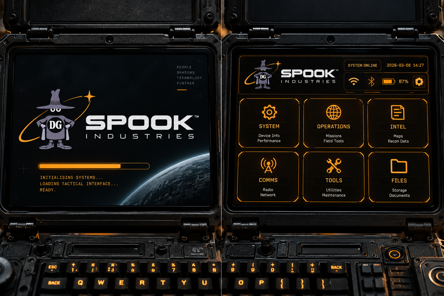 Cyberdeck hardware with Spook Industries boot screen and tactical interface
